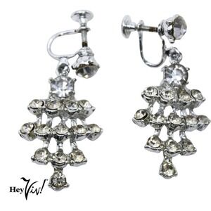 Vintage Rhinestone Shimmer Chandelier Screw Back Earrings 1 3/4" Long - Hey Viv